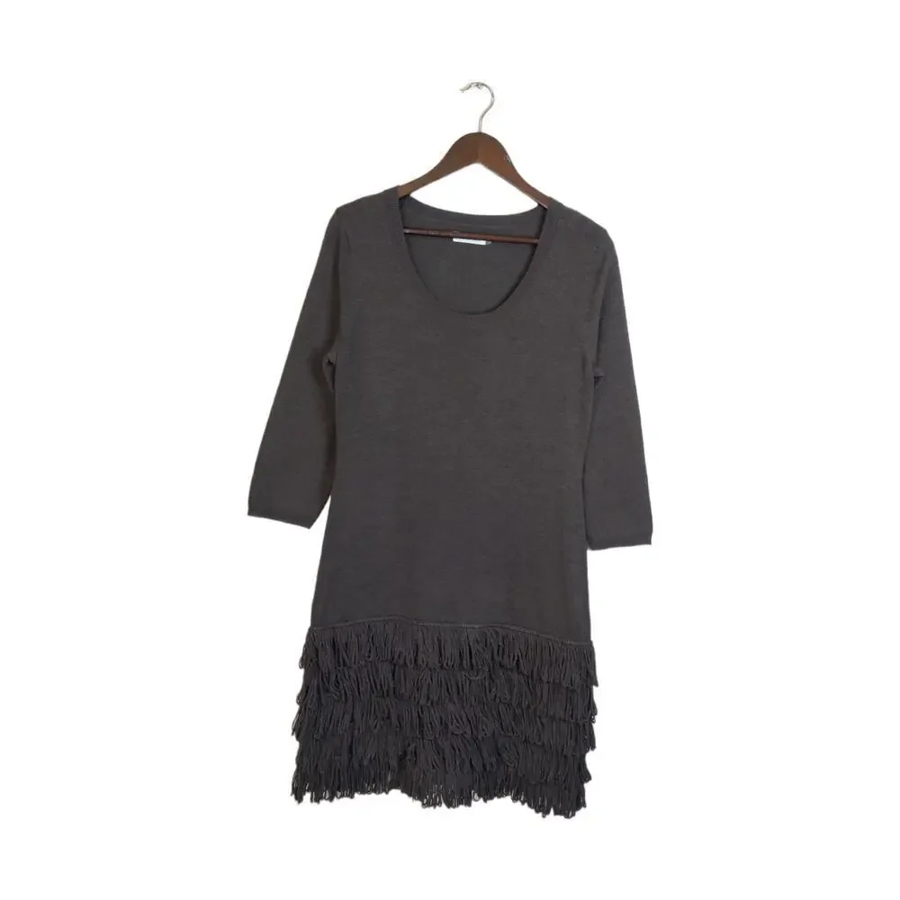 Calvin Klein Gray Charcoal Knit Sweater 3/4 Sleeve Tiered Fringed Hem Dress‎ L